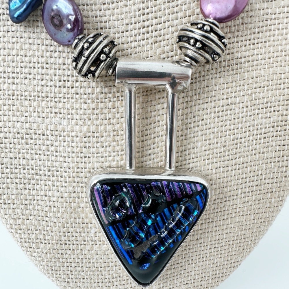 Genuine Sterling Silver Necklace, Blue & Pink Pearls, Dichrioc Glass Pendant - Picture 2 of 11